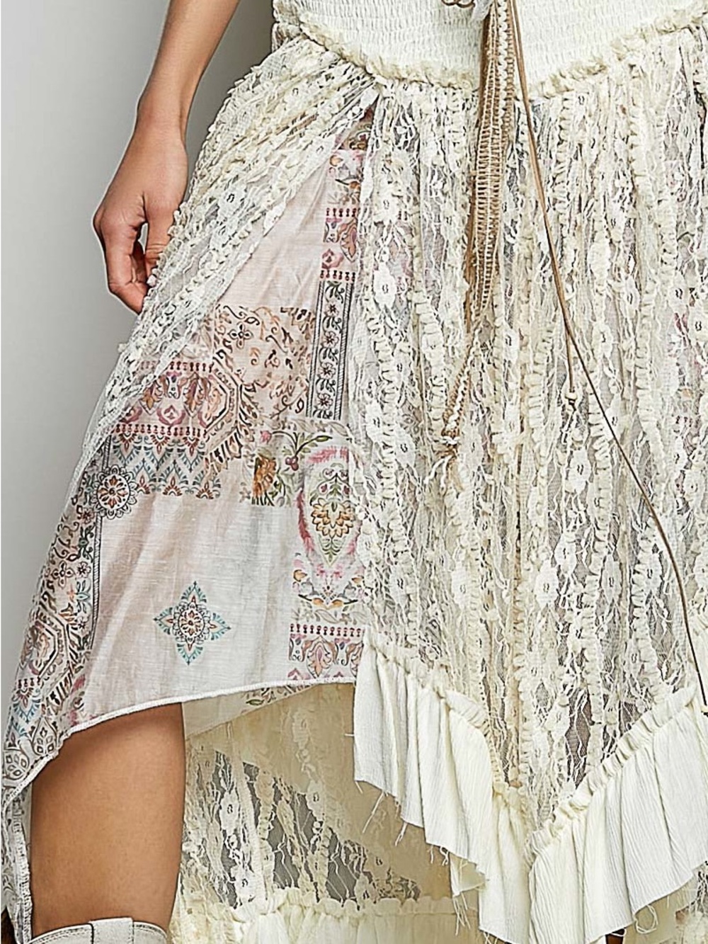 Ivory Asymmetrical Lace Maxi Skirt with Ruffled Hem - Picture 6 of 6